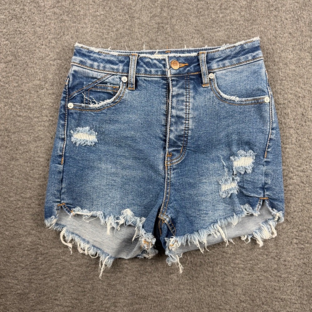 We The Free Free People CRVY High Rise Distressed Denim Shorts Blue 25